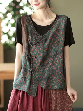 Plue-Size Women Vintage Print Sleeveless Vest