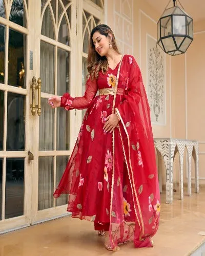 Red Floral Tabby Organza Silk Anarkali Flared Salwar Suit Dupatta