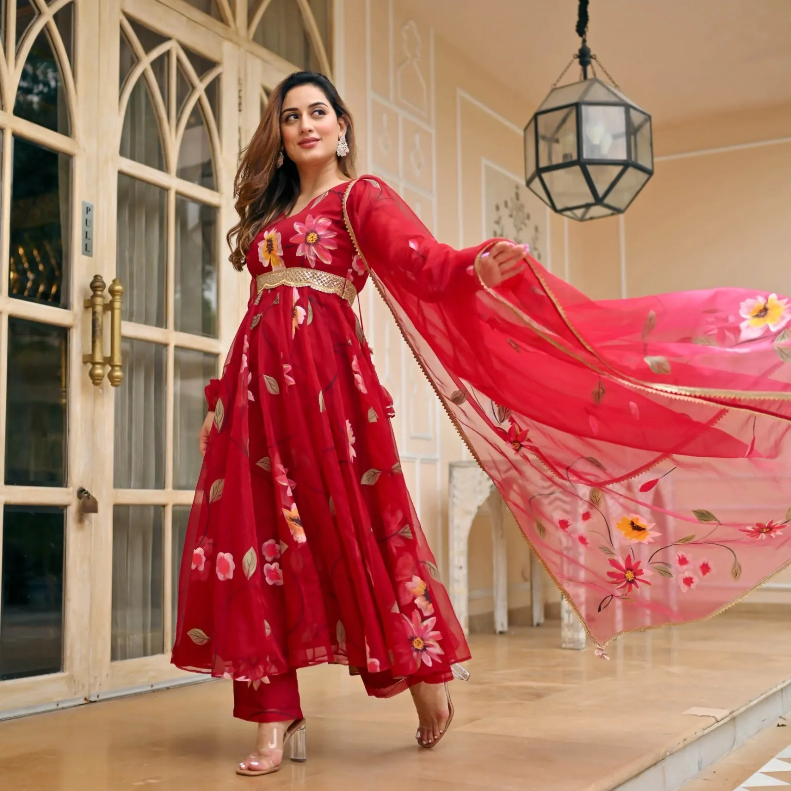 Red Floral Tabby Organza Silk Anarkali Flared Salwar Suit Dupatta