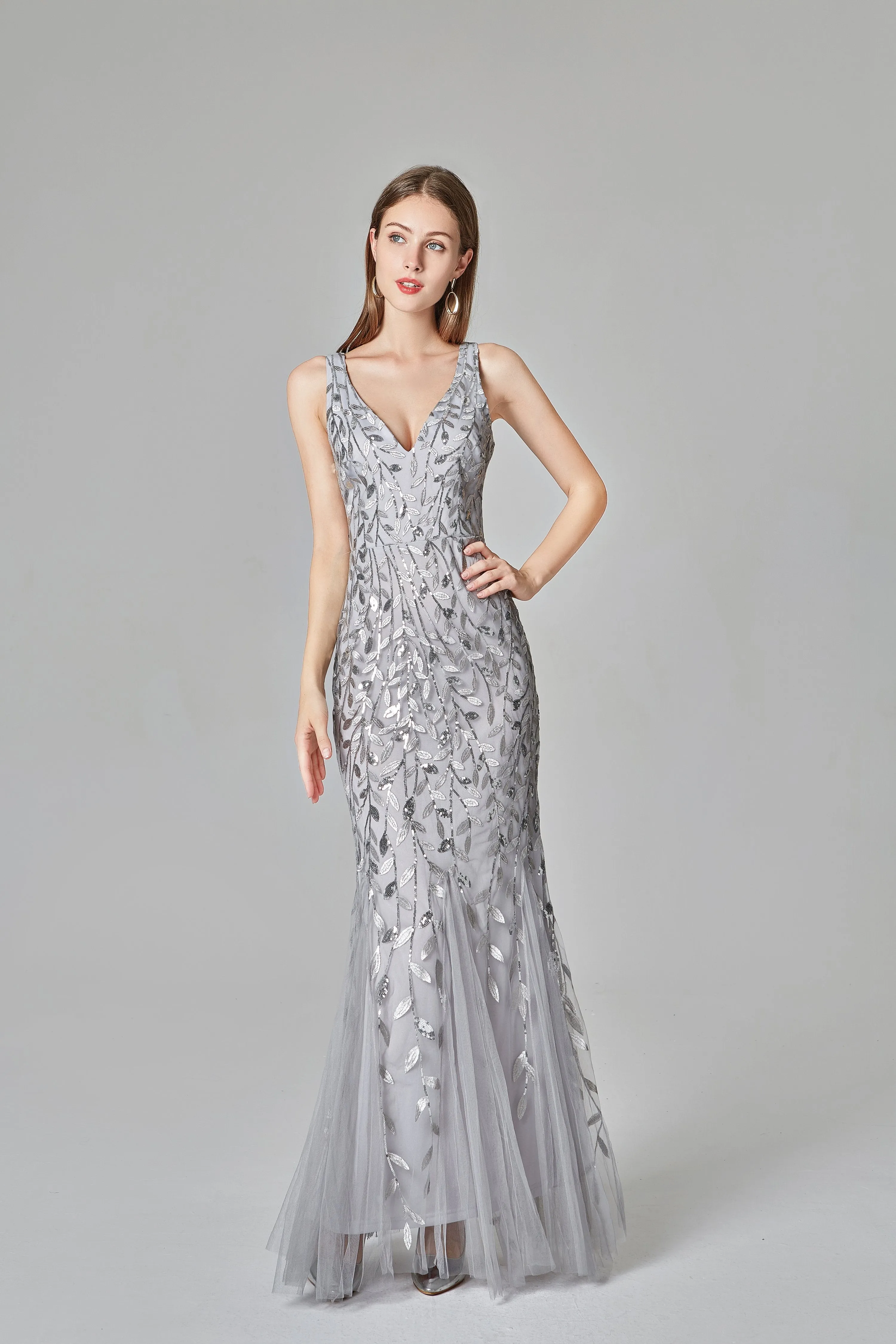 Sexy V Neck Silver Mermaid Prom Dresses, Embroidered Sequins Long Evening Dresses STK15368