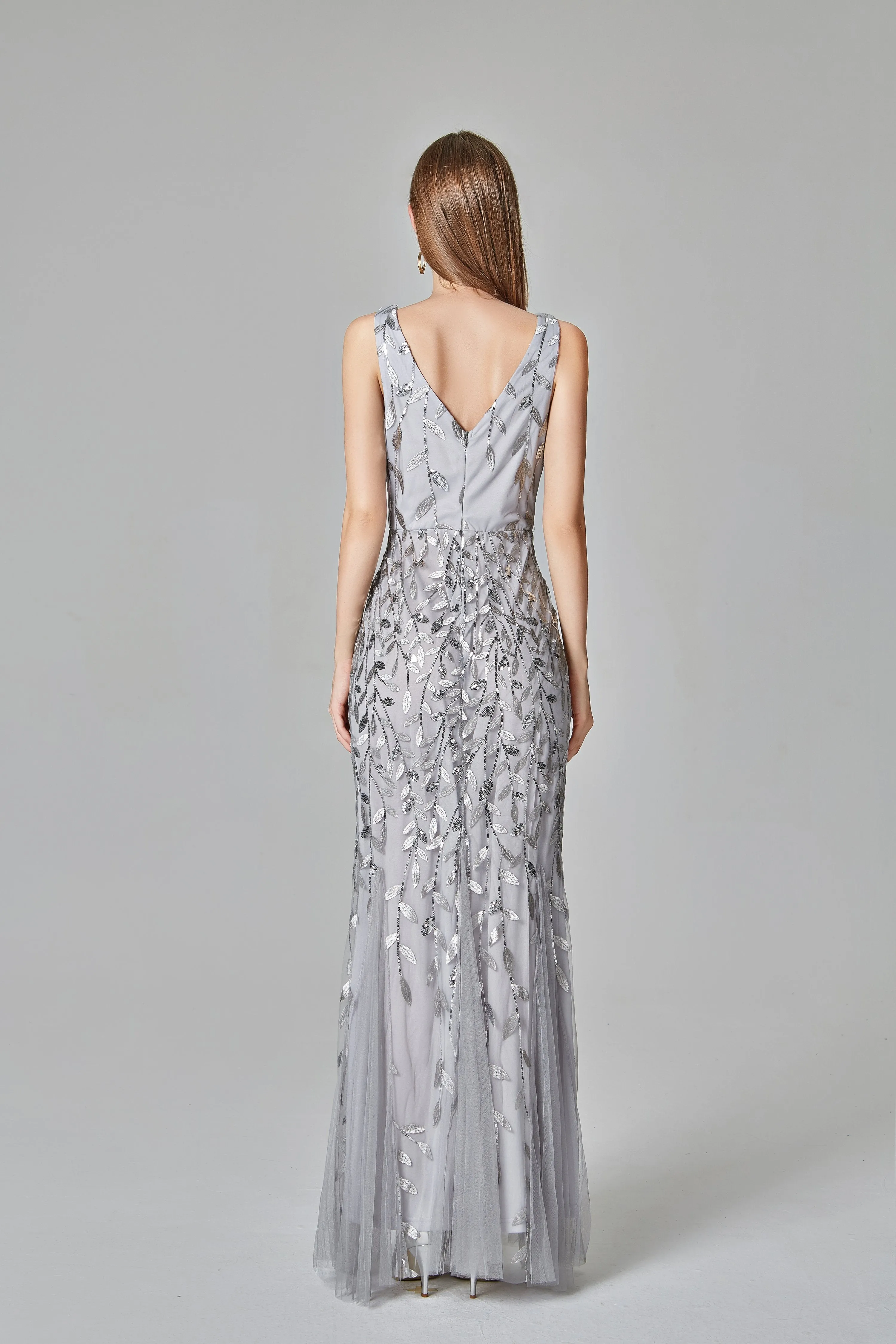 Sexy V Neck Silver Mermaid Prom Dresses, Embroidered Sequins Long Evening Dresses STK15368