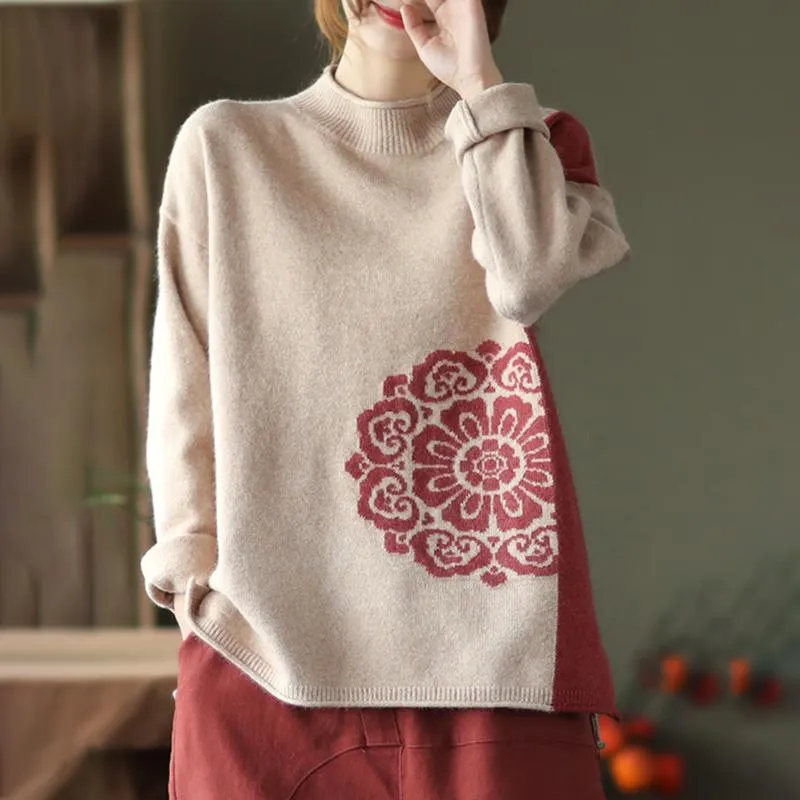 Winter Retro Flower Knitted Sweater Jumper