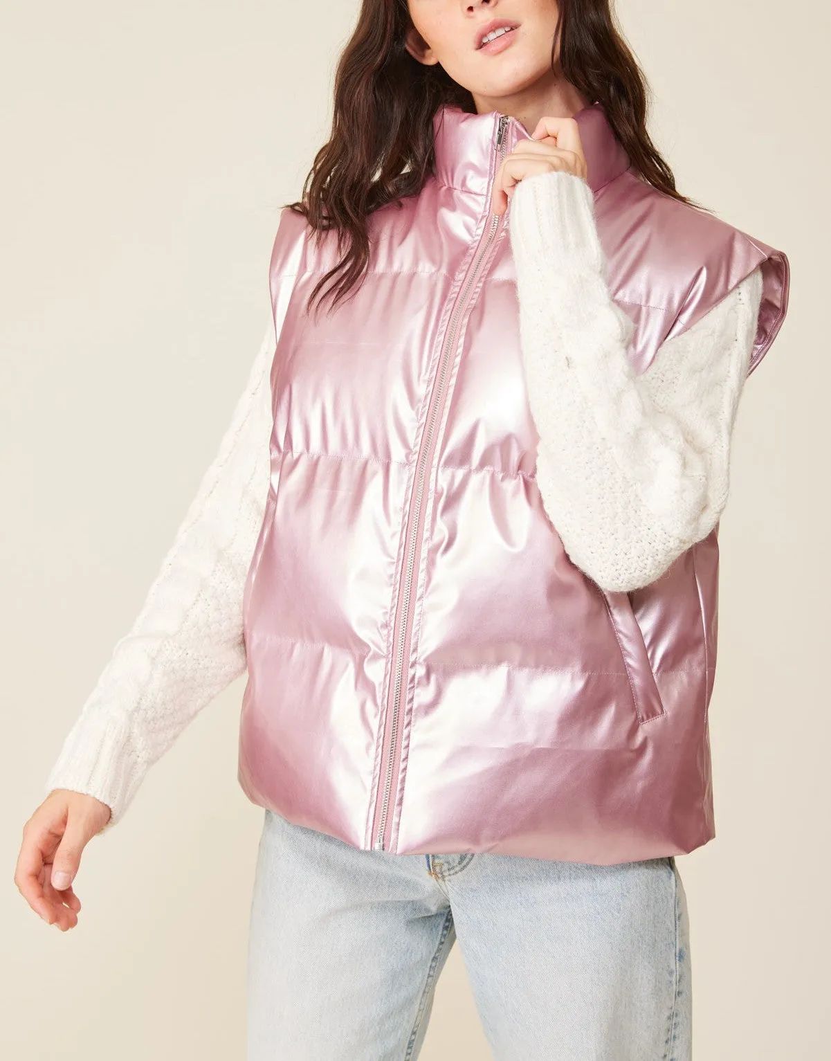 Zia Metallic Zip Up Puffer Vest